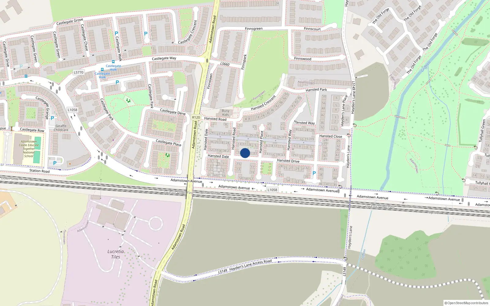 Overhead map showing the location of 7 Hansted Drive, Lucan