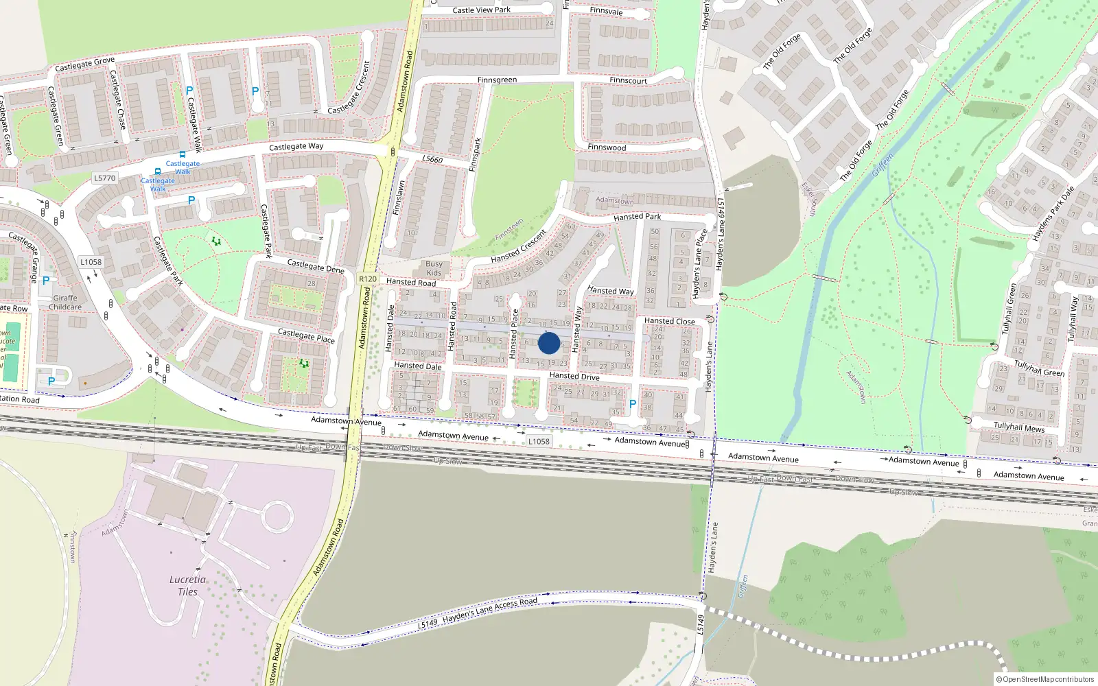Overhead map showing the location of 7 Hansted Way, Finnstown, Lucan