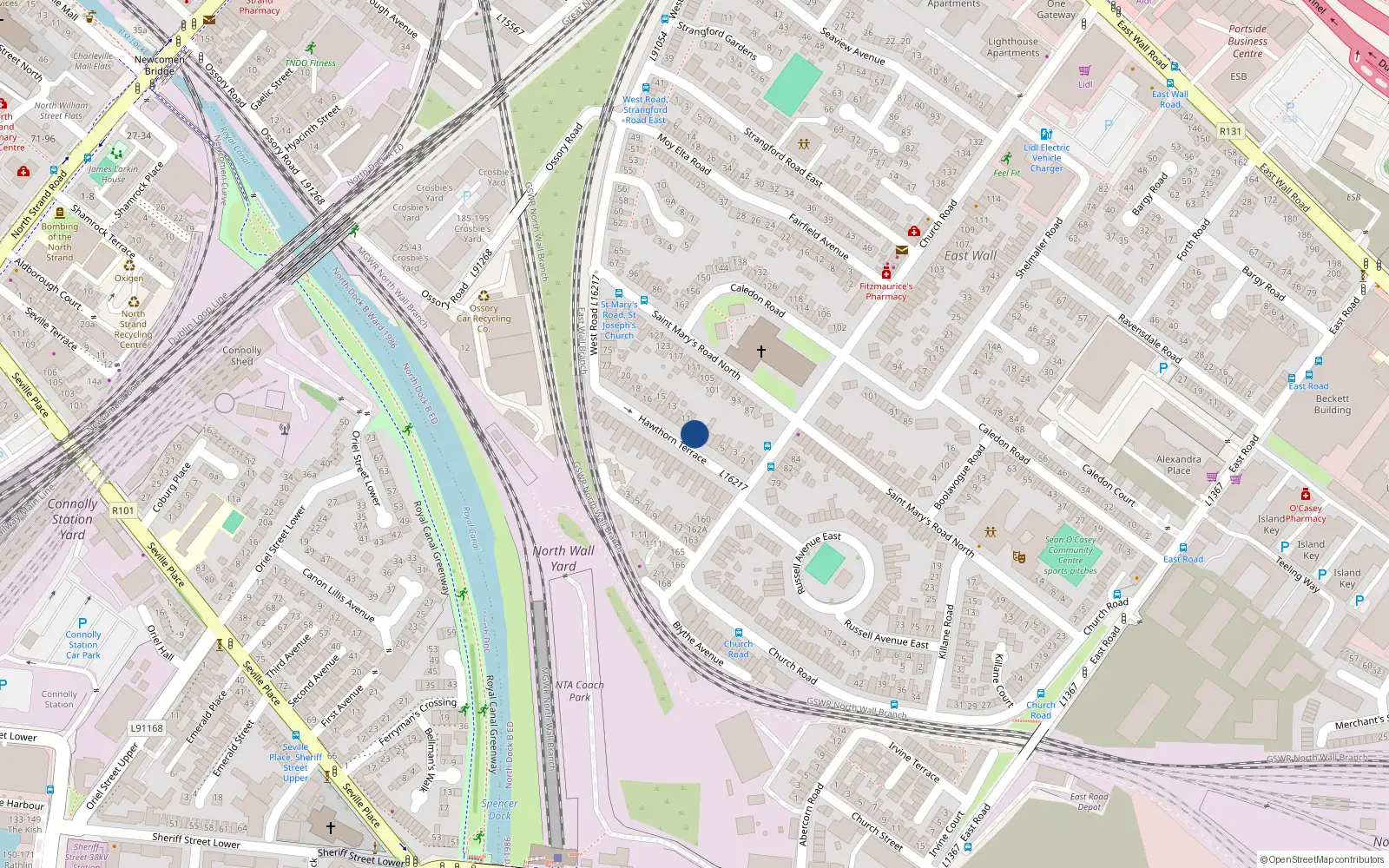 Overhead map showing the location of 7 Hawthorn Terrace, East Wall, Dublin 3
