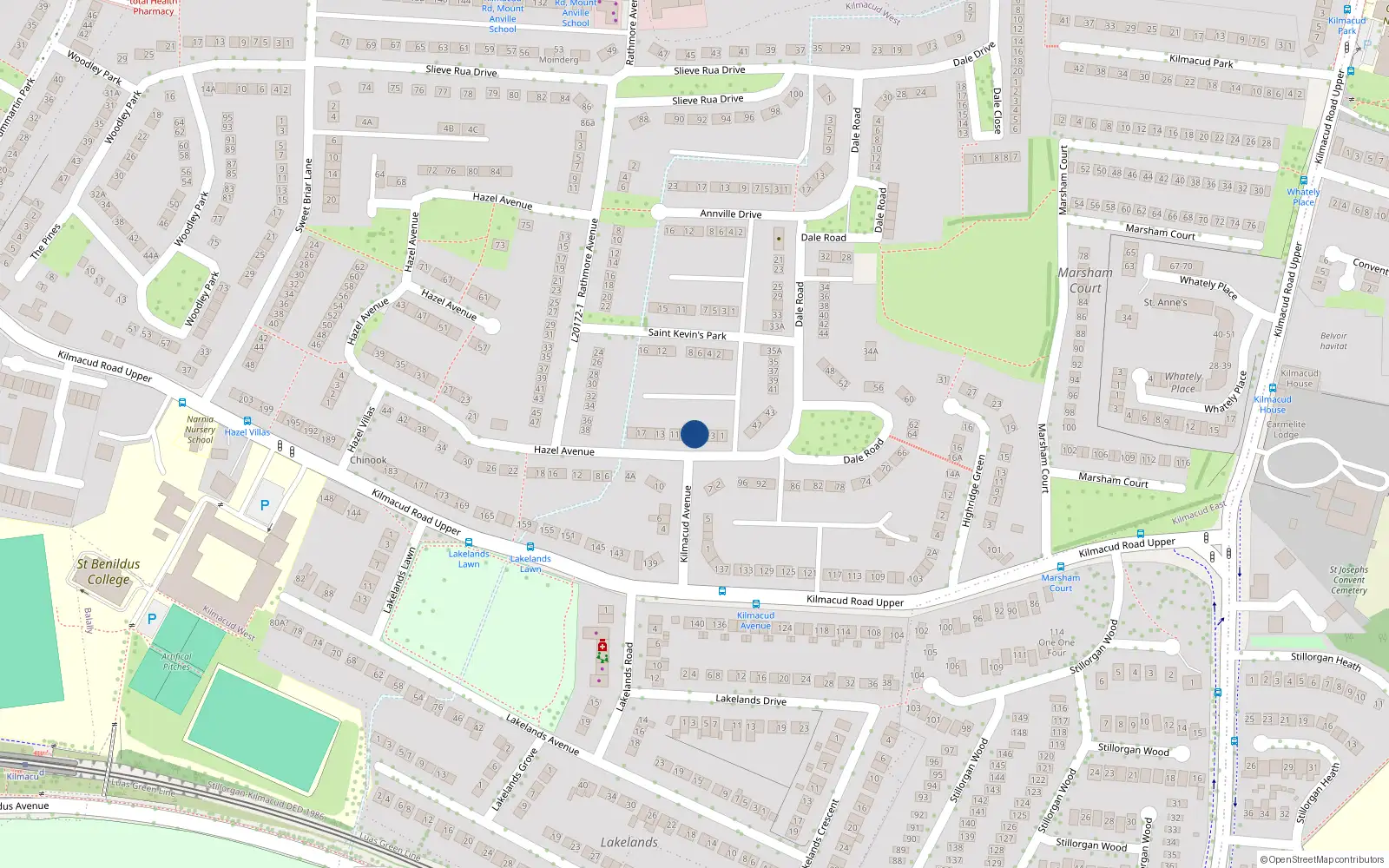Overhead map showing the location of 7 Hazel Avenue, Kilmacud, Blackrock