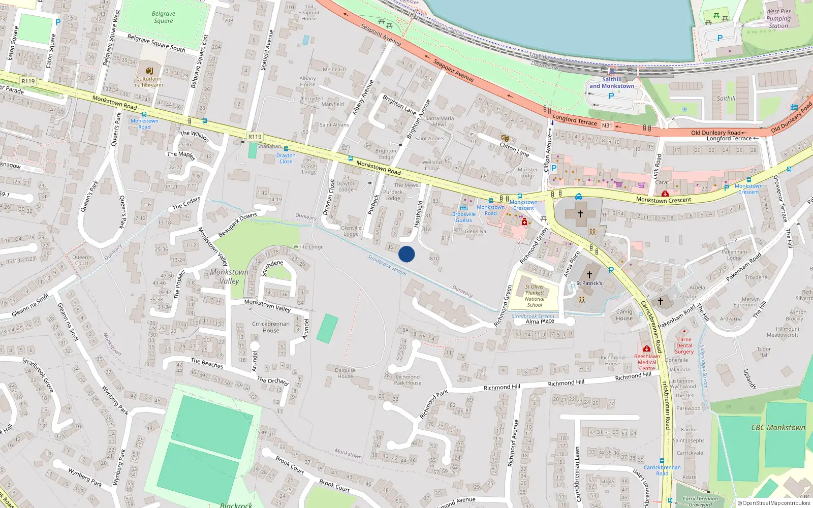 Overhead map showing the location of 7 Heathfield, Monkstown