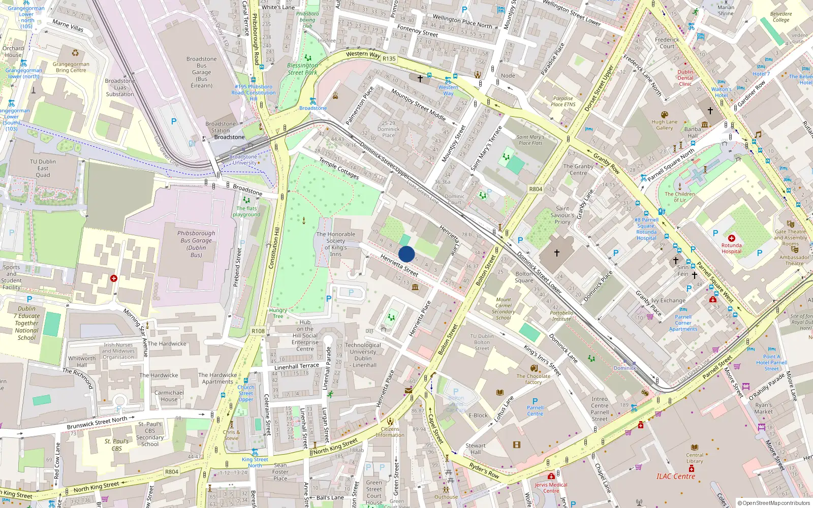Overhead map showing the location of 7 Henrietta Street, Dublin 1