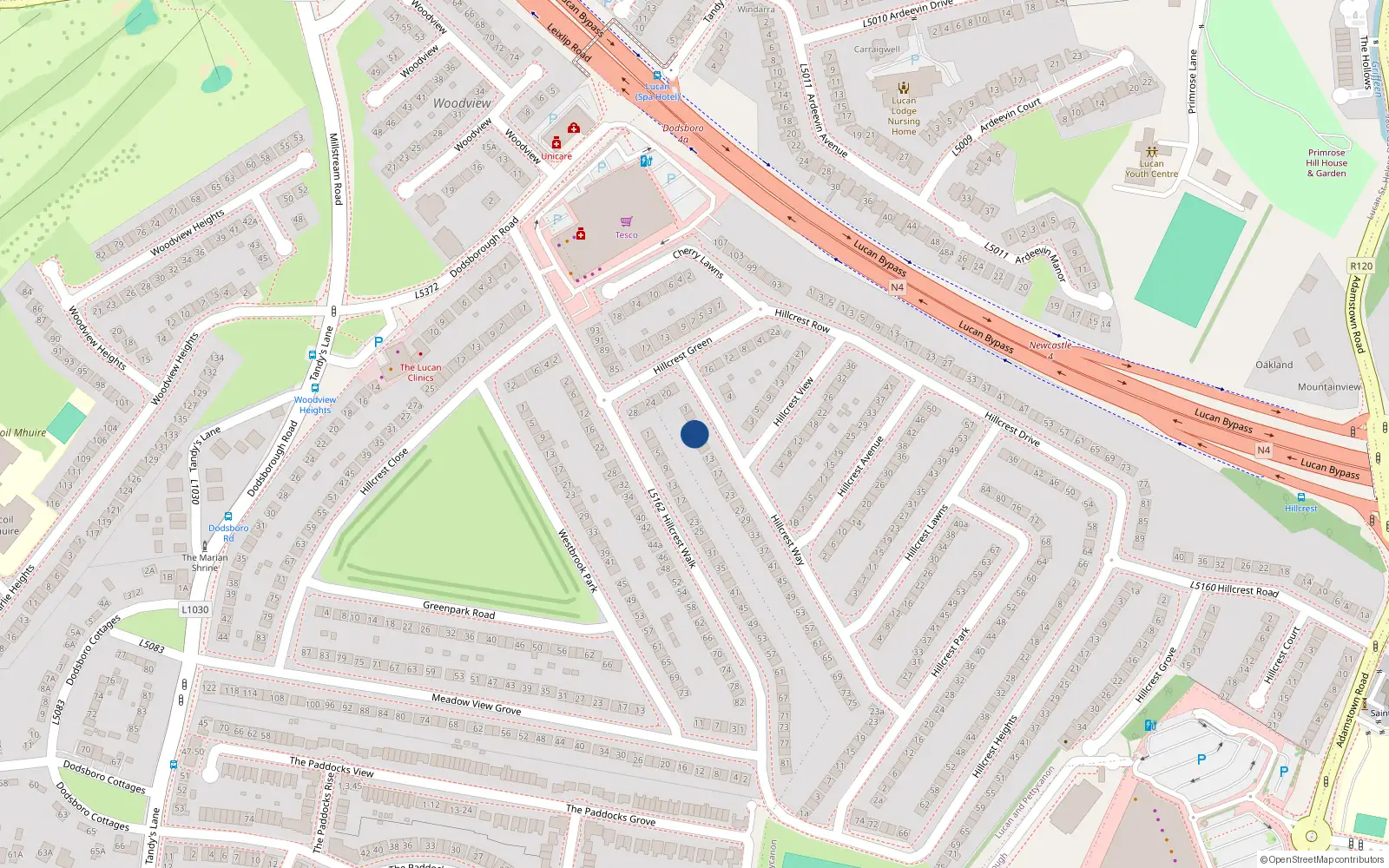 Overhead map showing the location of 7 Hillcrest Way, Lucan, Dublin