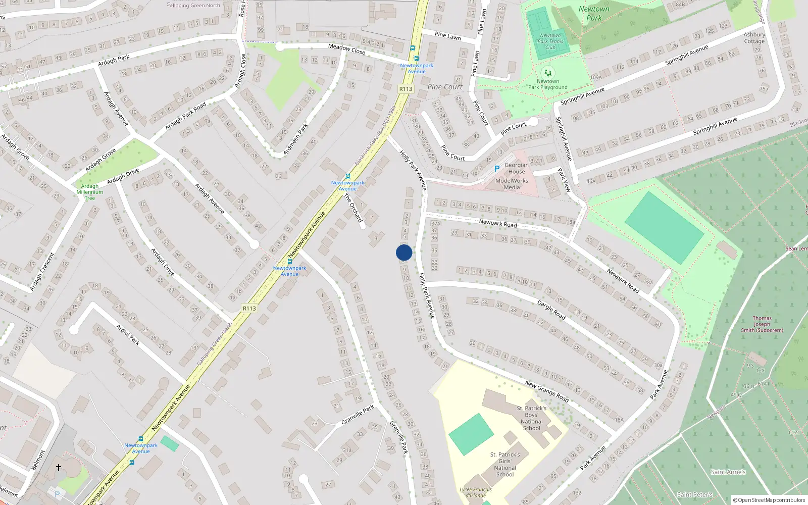 Overhead map showing the location of 7 Holly Park Avenue, Blackrock