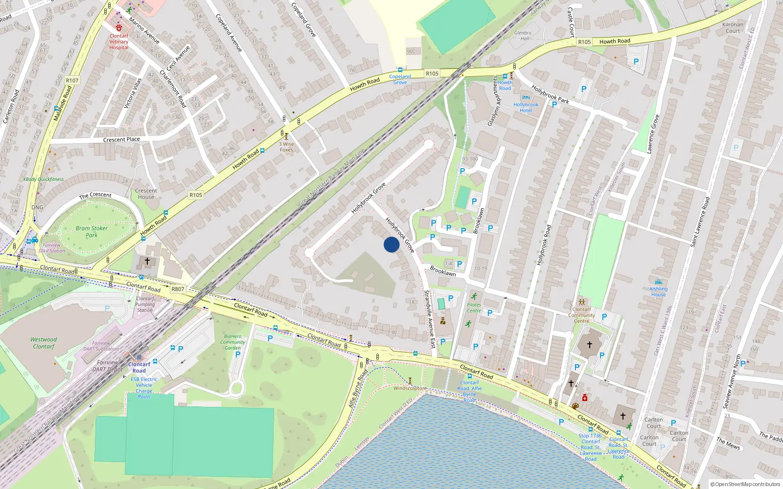 Overhead map showing the location of 7 Hollybrook Grove, Dublin 3