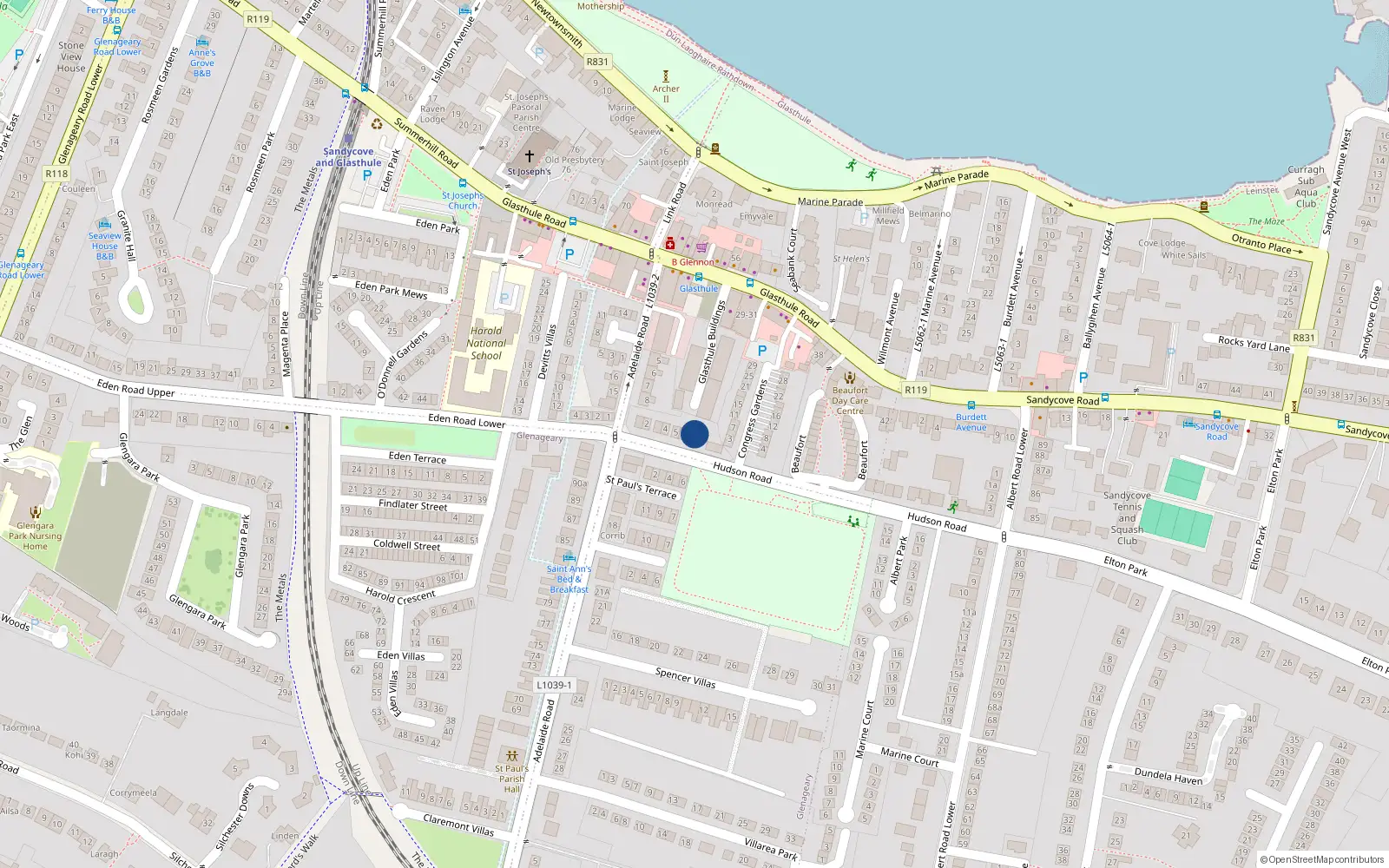 Overhead map showing the location of 7 Hudson Road, Sandycove