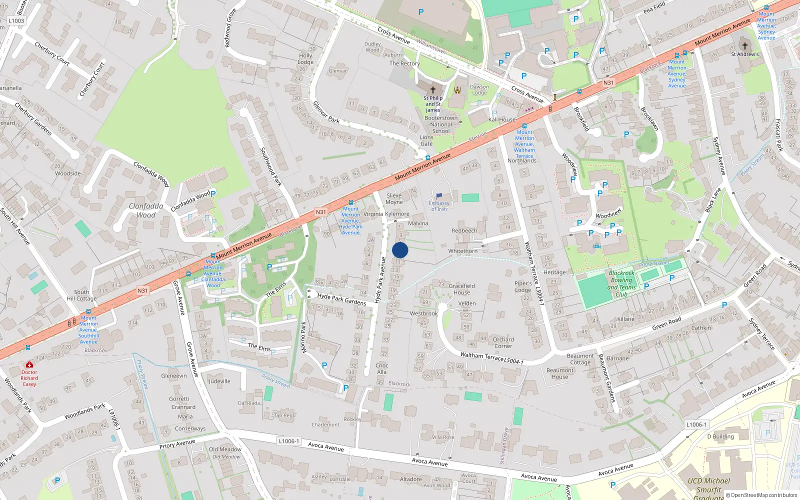 Overhead map showing the location of 7 Hyde Park Avenue, Blackrock