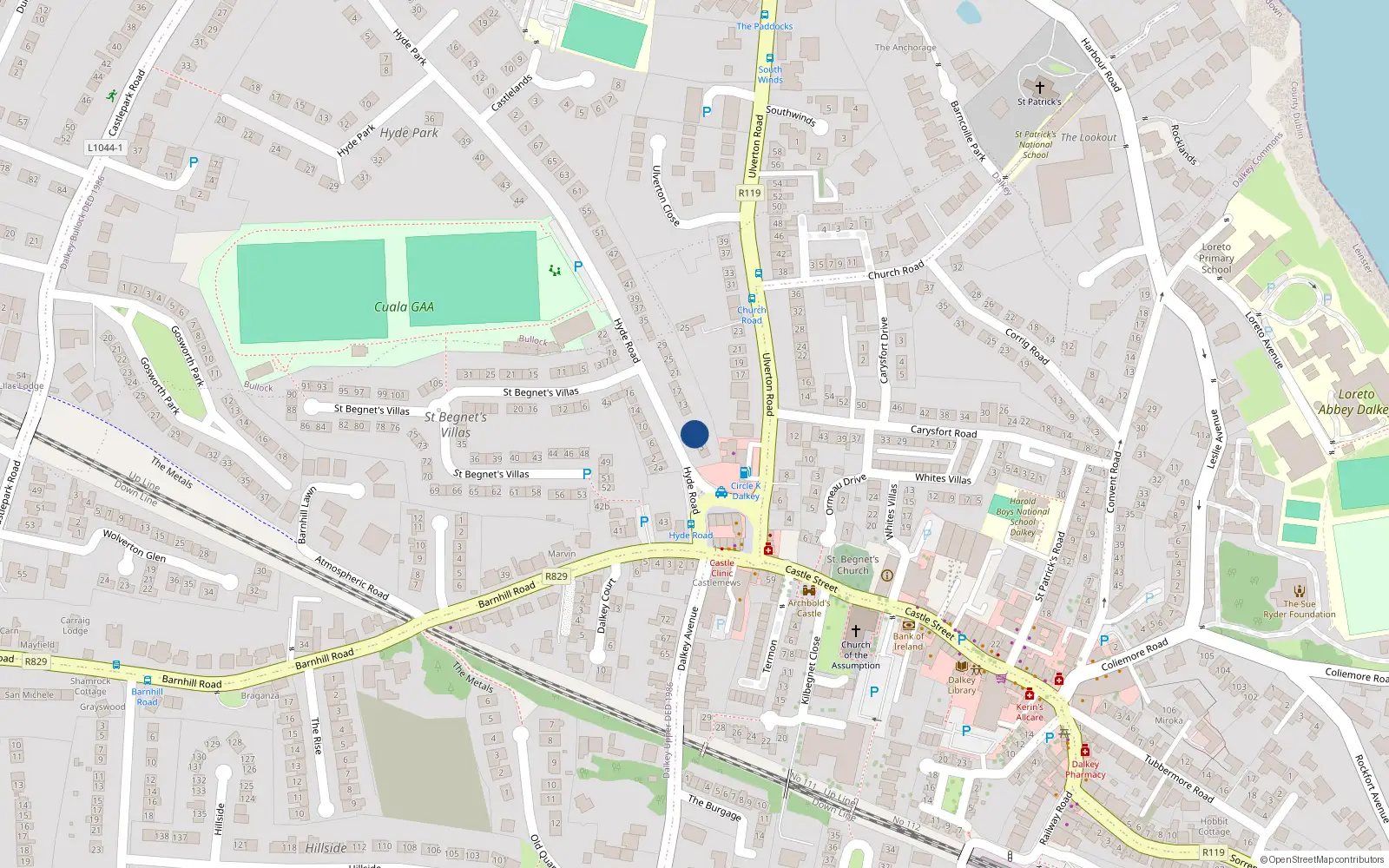 Overhead map showing the location of 7 Hyde Road, Dalkey, Dublin