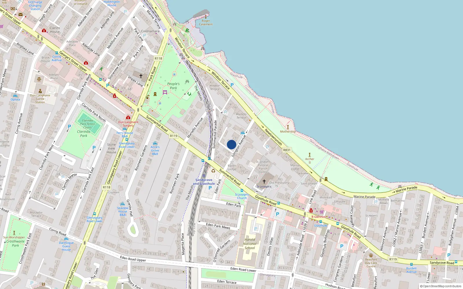 Overhead map showing the location of 7 Islington Avenue, Sandycove, Dublin