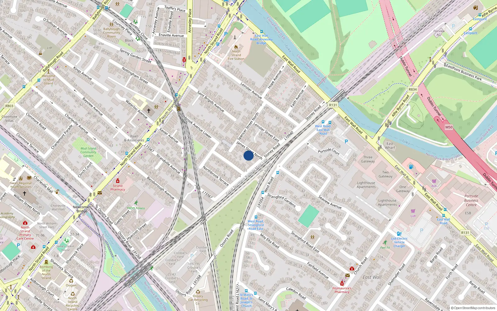 Overhead map showing the location of 7 James's Street North, North Strand