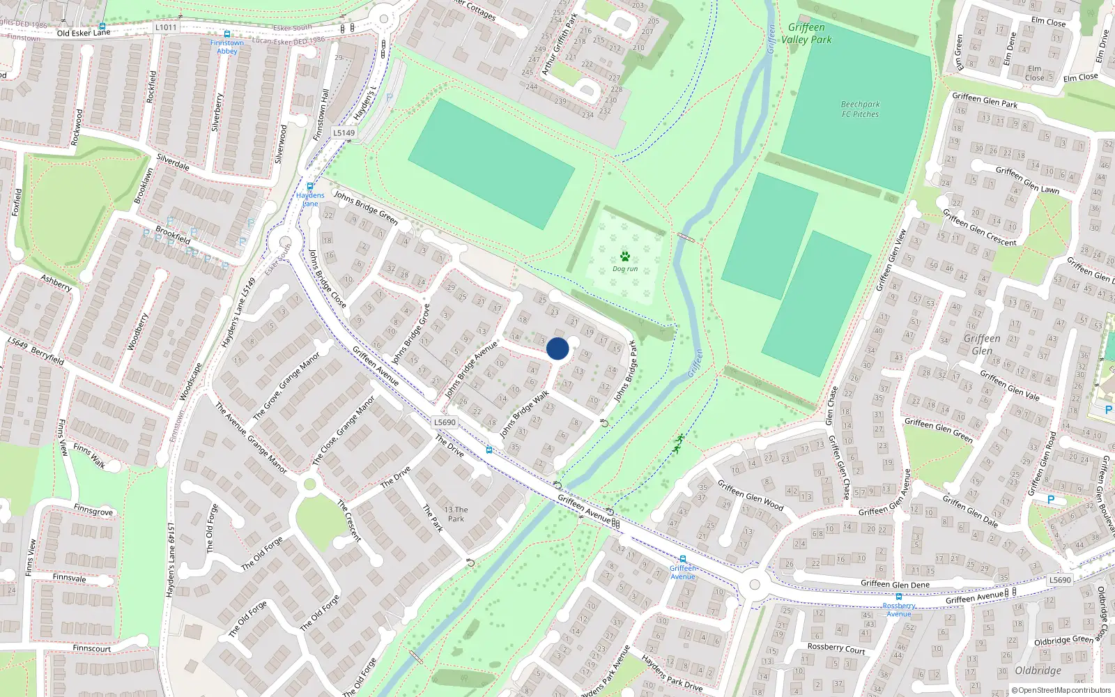Overhead map showing the location of 7 Johnsbridge Walk, Lucan