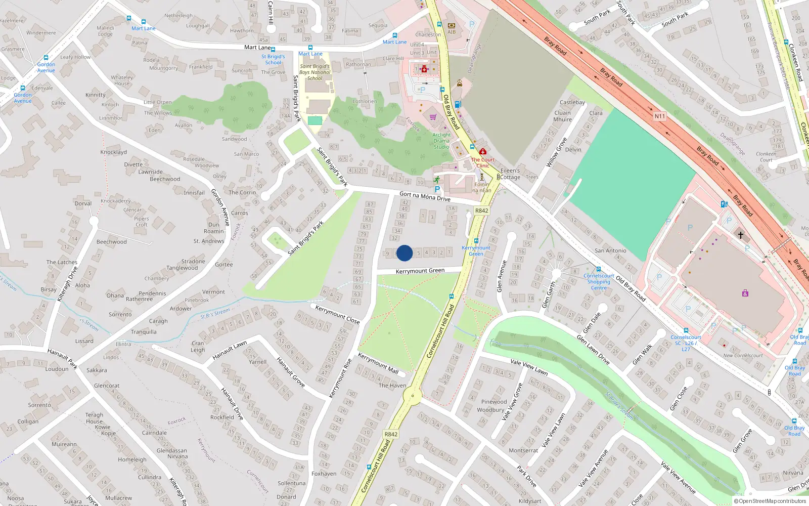 Overhead map showing the location of 7 Kerrymount Green, Dublin 18