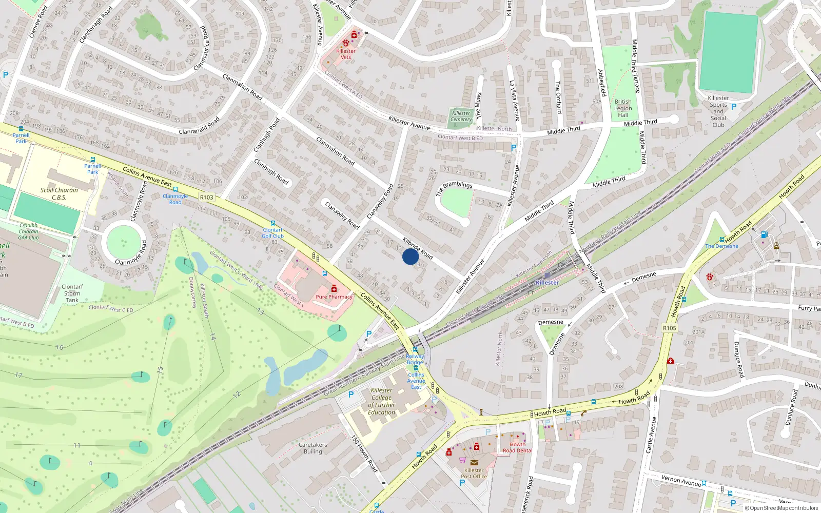Overhead map showing the location of 7 Kilbride Road, Killester, Dublin 5