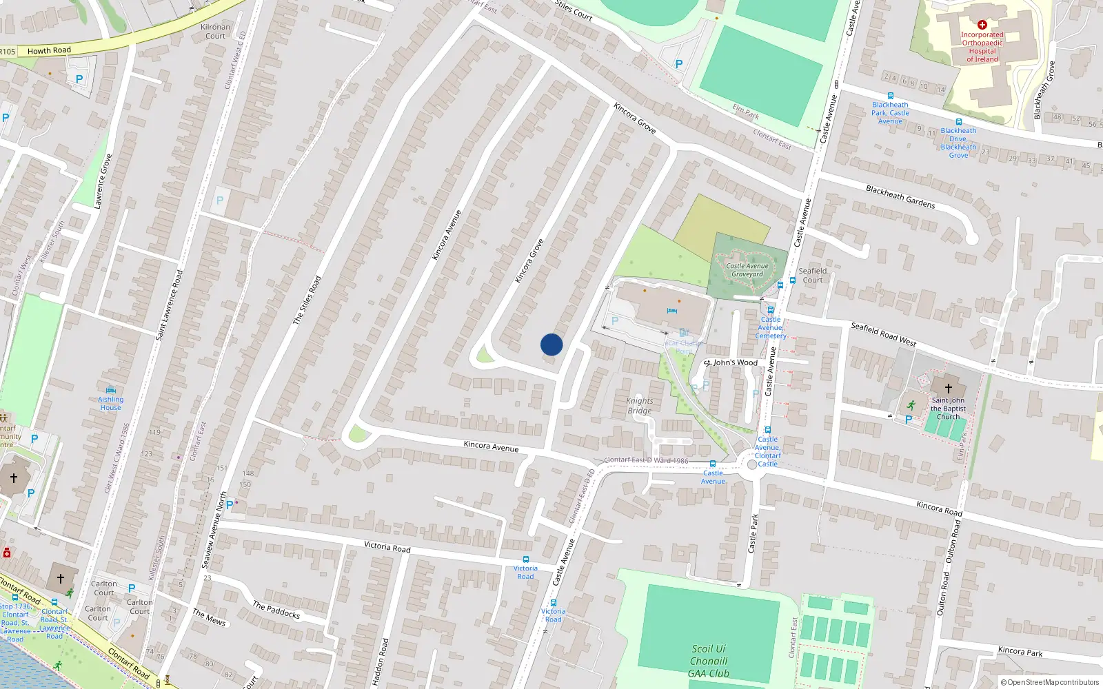 Overhead map showing the location of 7 Kincora Grove, Clontarf, Dublin 3