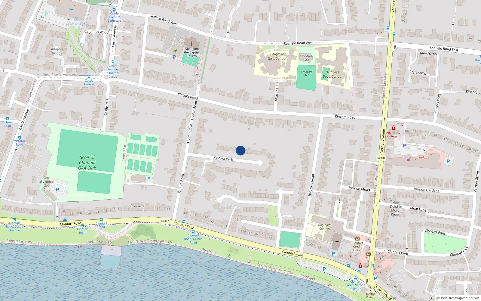 Overhead map showing the location of 7 Kincora Park, Clontarf, Dublin 3