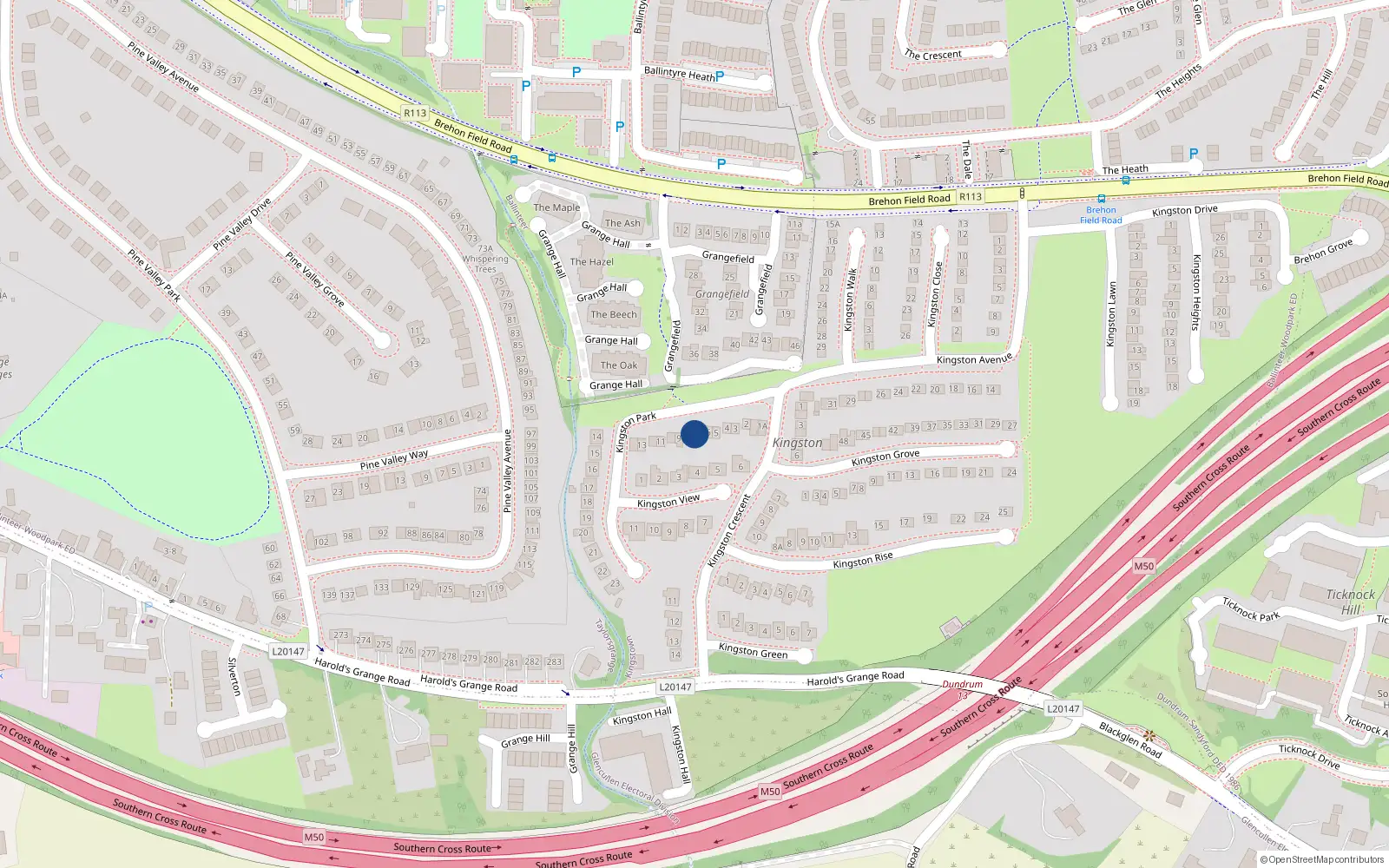 Overhead map showing the location of 7 Kingston Park, Dublin 16