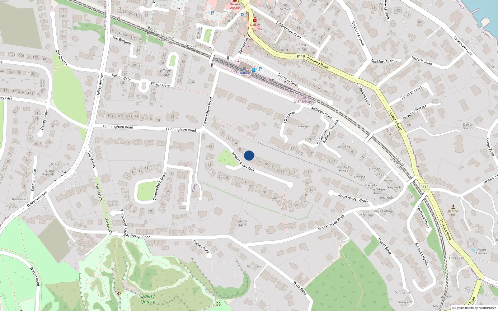 Overhead map showing the location of 7 Knock-Na-Cree Park,, Dalkey