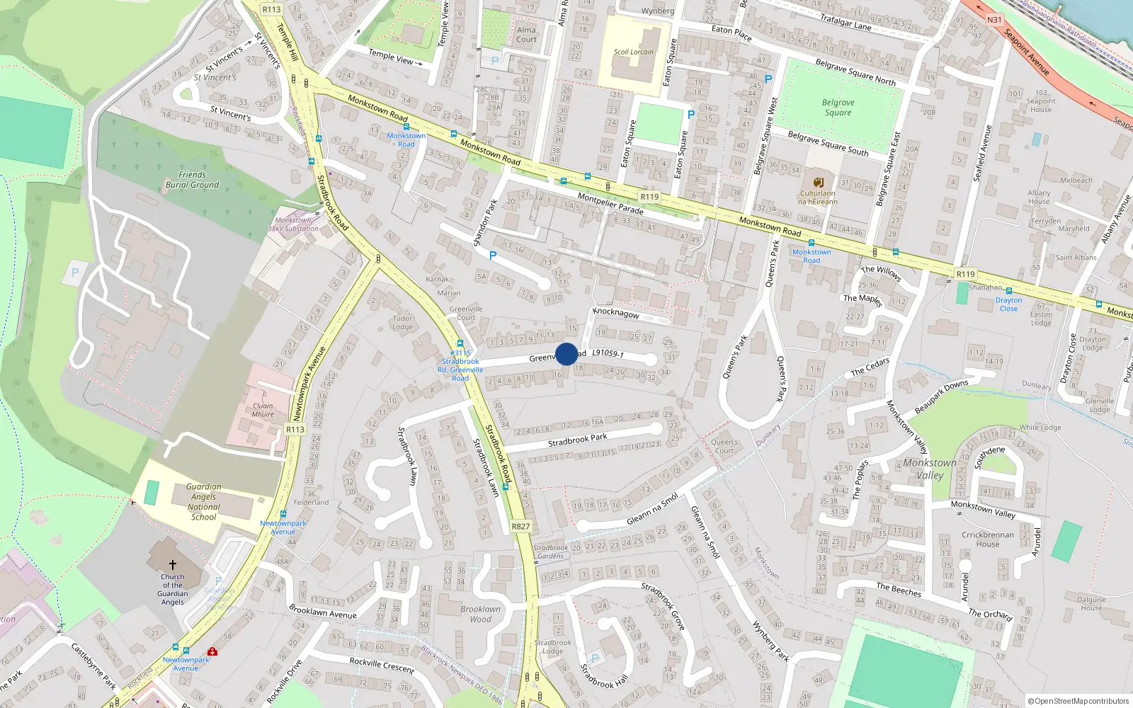 Overhead map showing the location of 7 Greenville Road, Dublin
