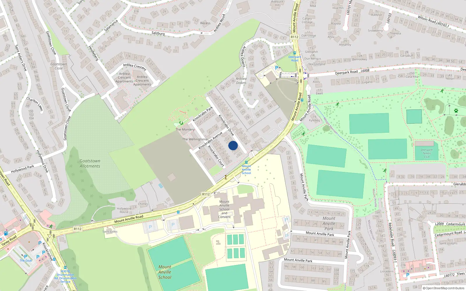 Overhead map showing the location of 7 Knockrabo Drive, Goatstown