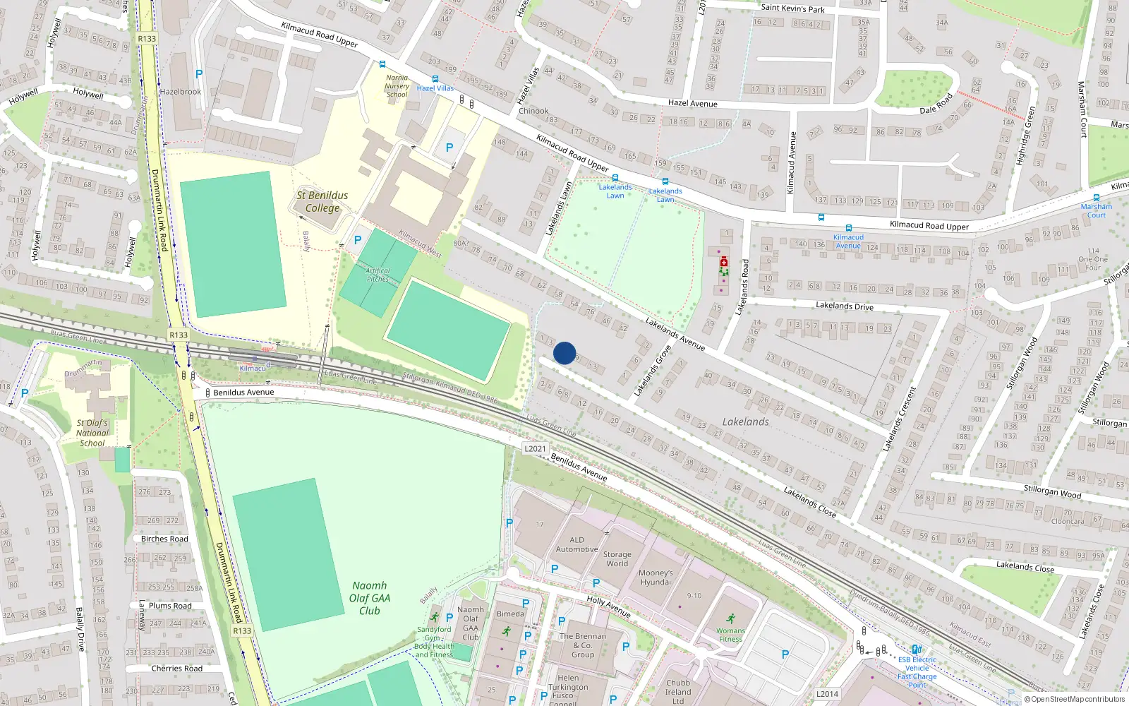 Overhead map showing the location of 7 Lakelands Close, Blackrock, Dublin