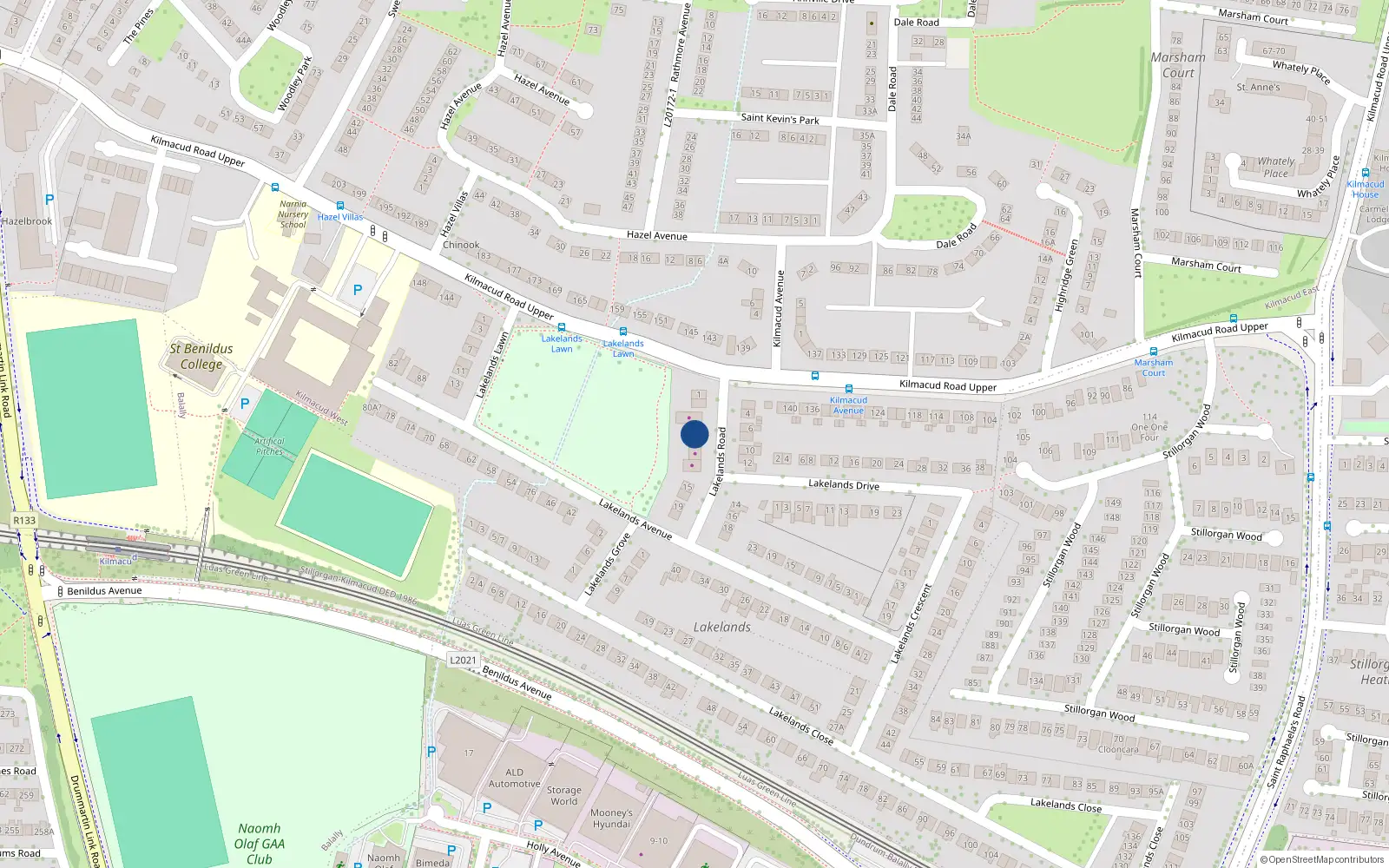Overhead map showing the location of 7 Lakelands Road, Stillorgan