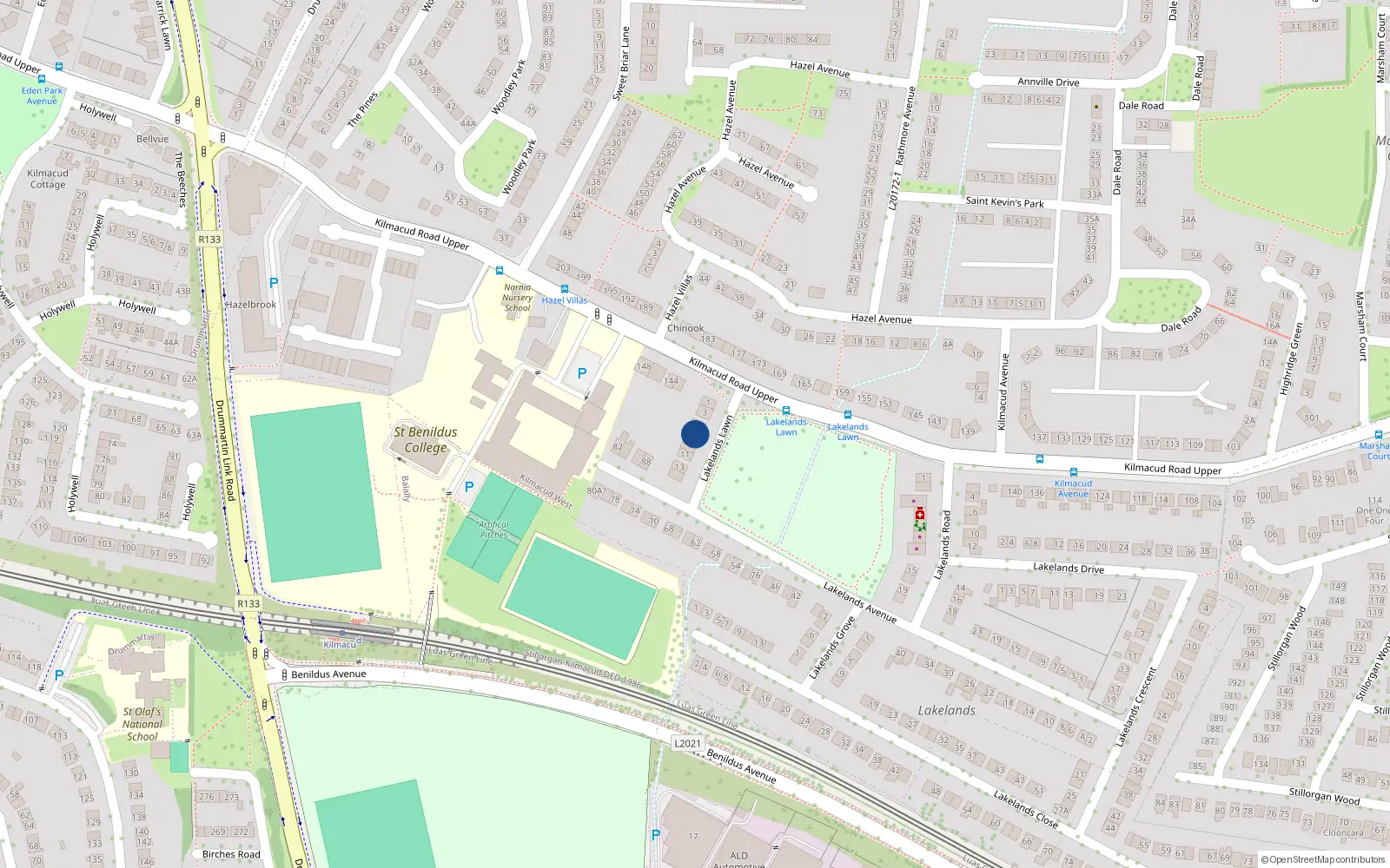 Overhead map showing the location of 7 Lakelands Lawn, Blackrock