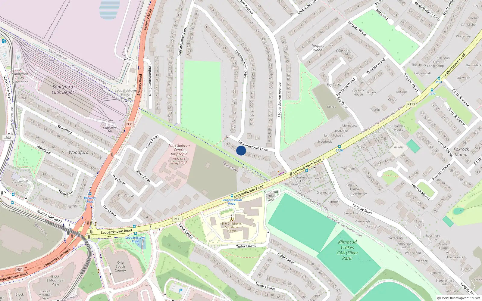 Overhead map showing the location of 7 Leopardstown Lawn, Dublin