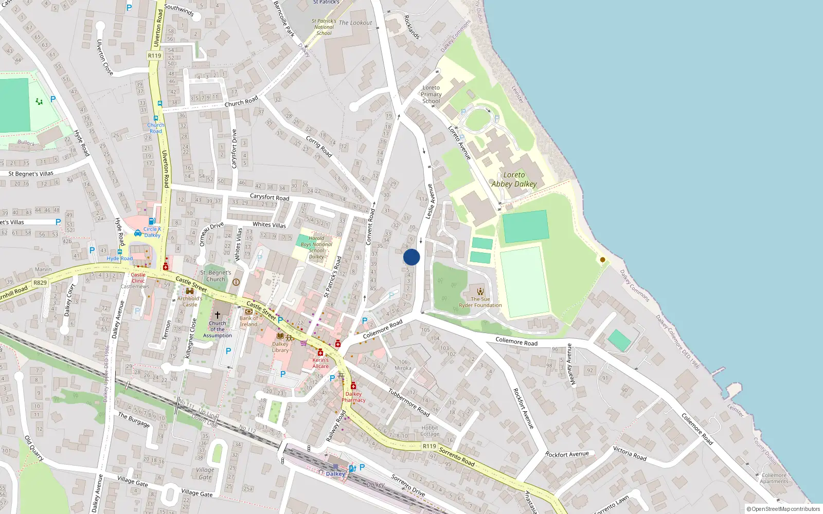 Overhead map showing the location of 7 Leslie Avenue, Dalkey, Dublin