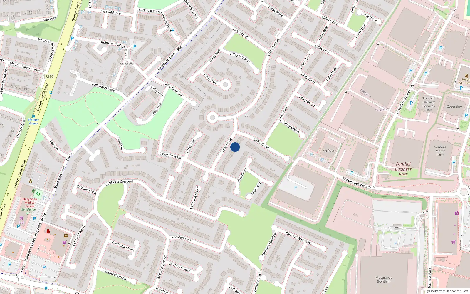 Overhead map showing the location of 7 Liffey Dale, Lucan