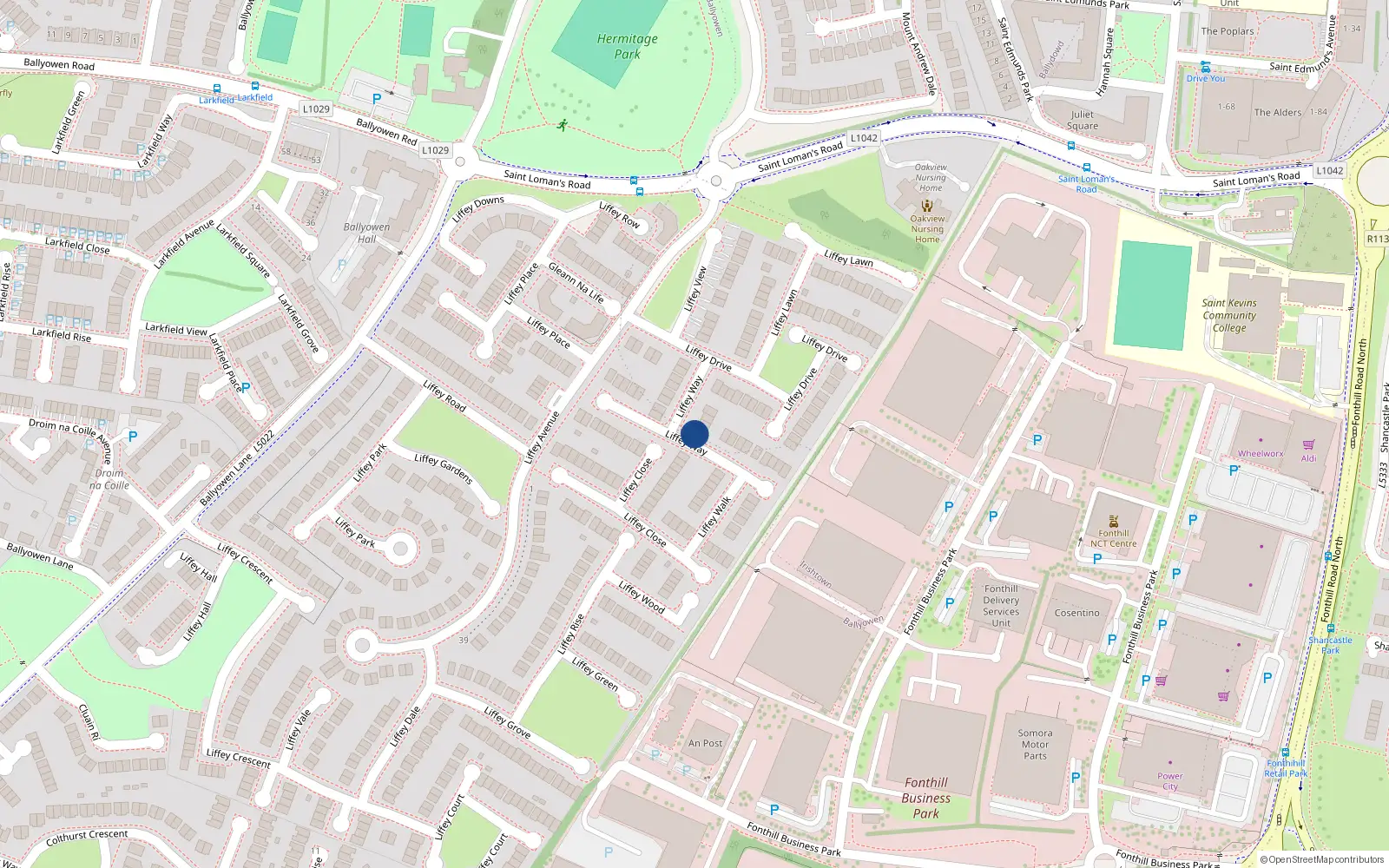 Overhead map showing the location of 7 Liffey Way, Liffey Valley Park, Lucan