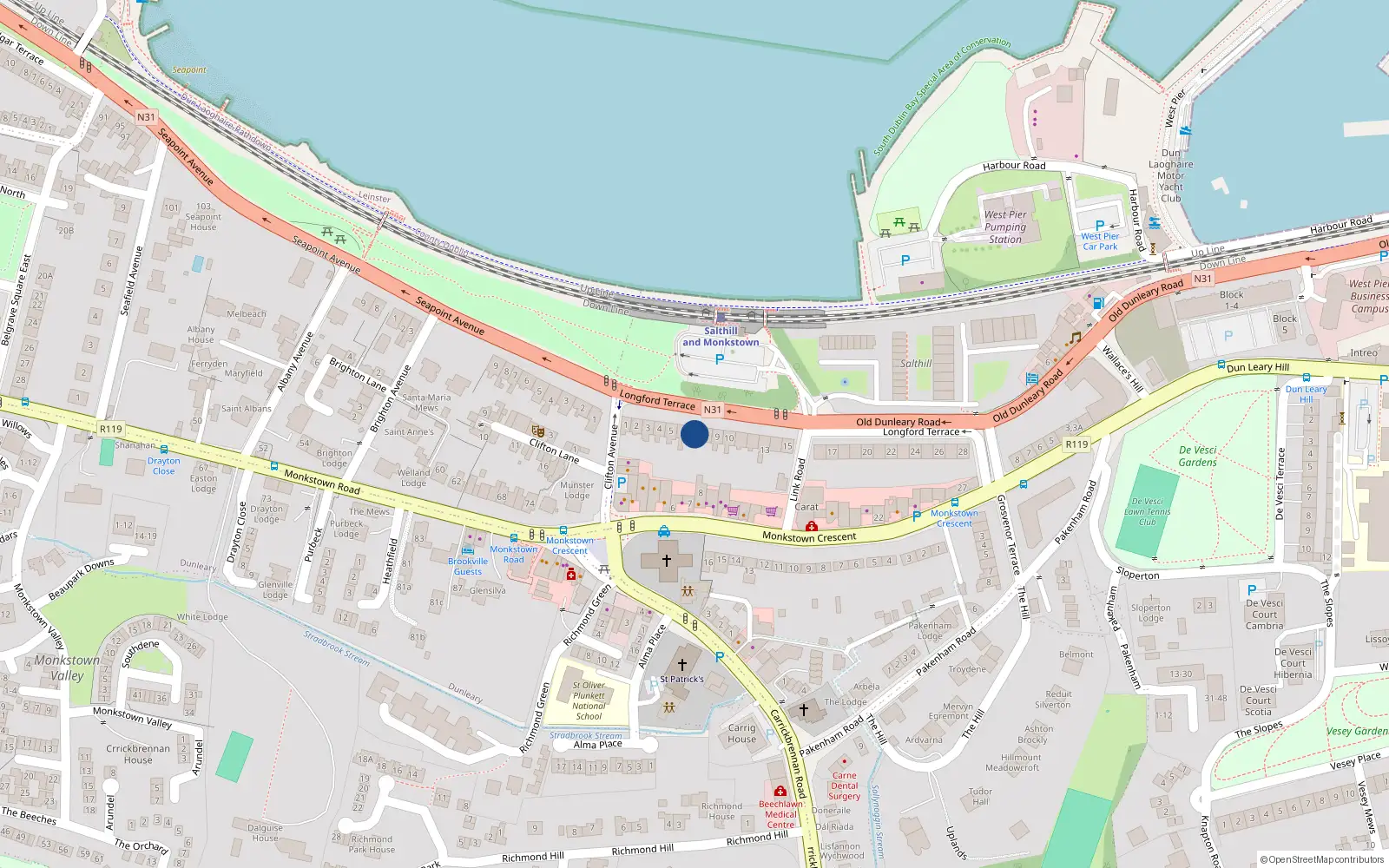 Overhead map showing the location of 7 Longford Terrace, Monkstown