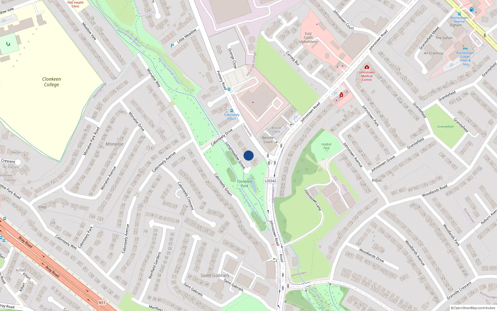 Overhead map showing the location of 7 Longmeadow Grove, Off Pottery Road, Dun Laoghaire