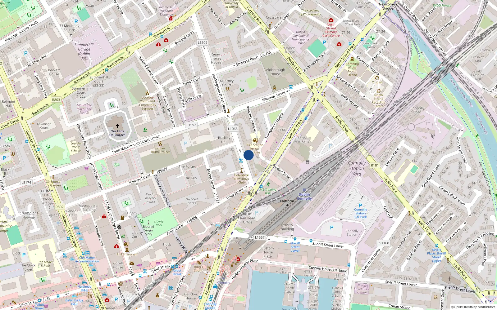 Overhead map showing the location of 7 Buckingham Street Lower, Dublin 1