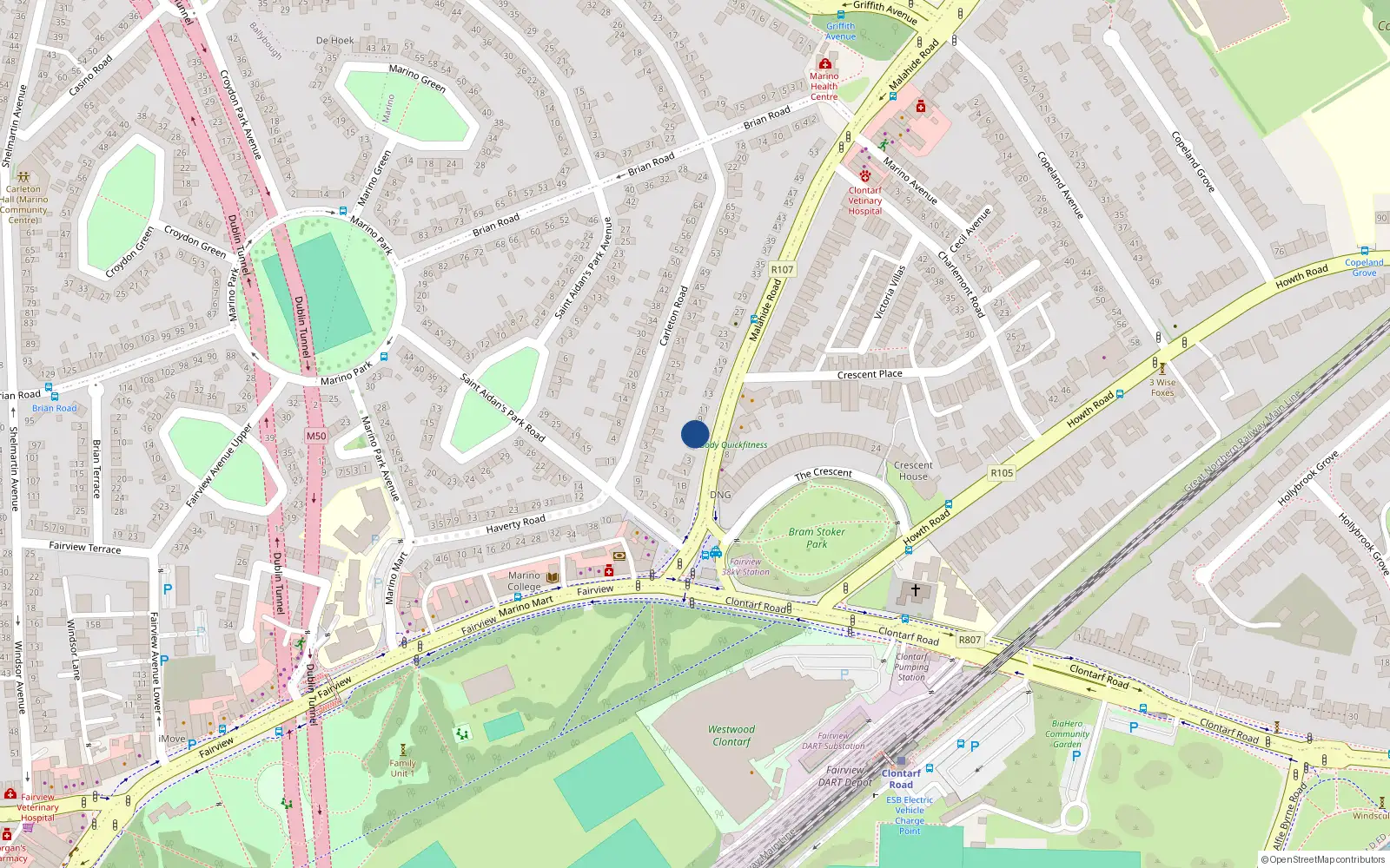 Overhead map showing the location of 7 Malahide Road, Dublin 3