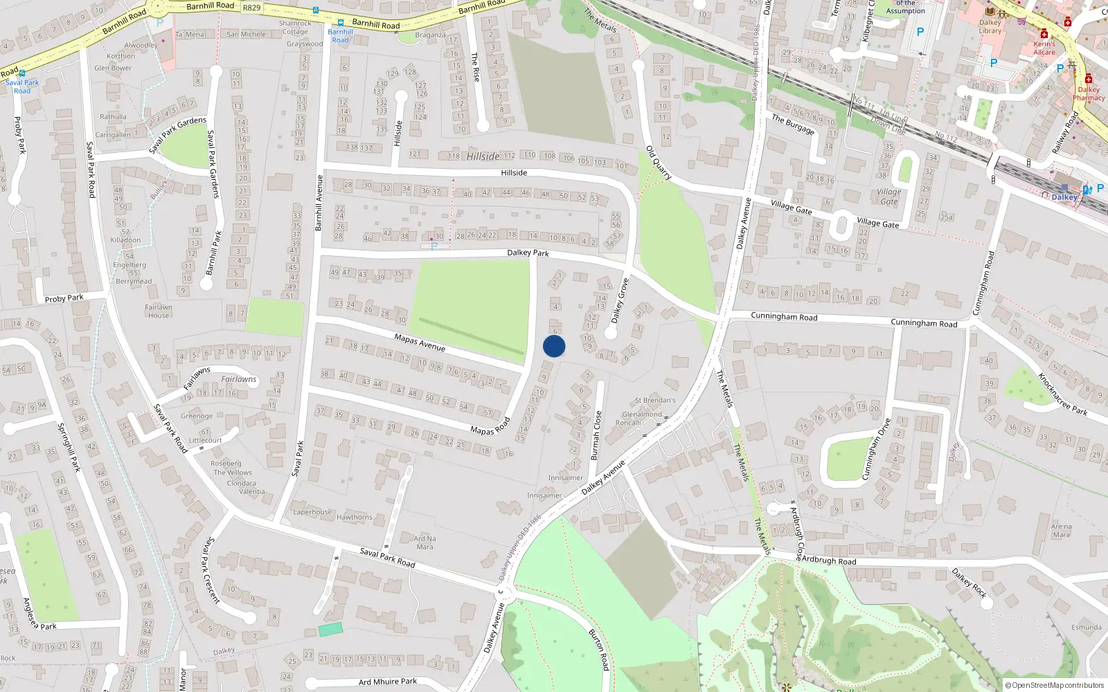Overhead map showing the location of 7 Mapas Road, Dalkey