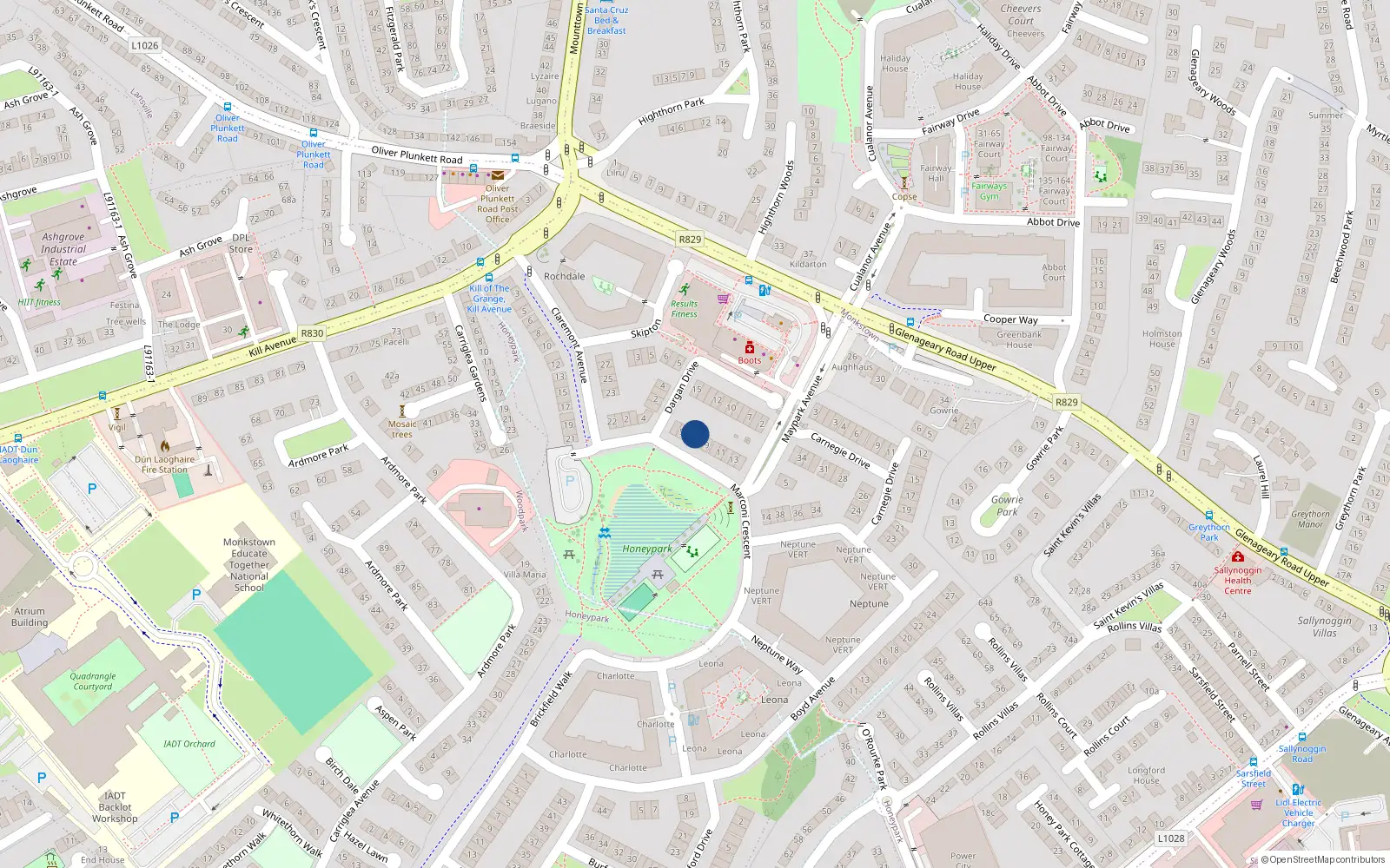 Overhead map showing the location of 7 Marconi Crescent, Dun Laoighre
