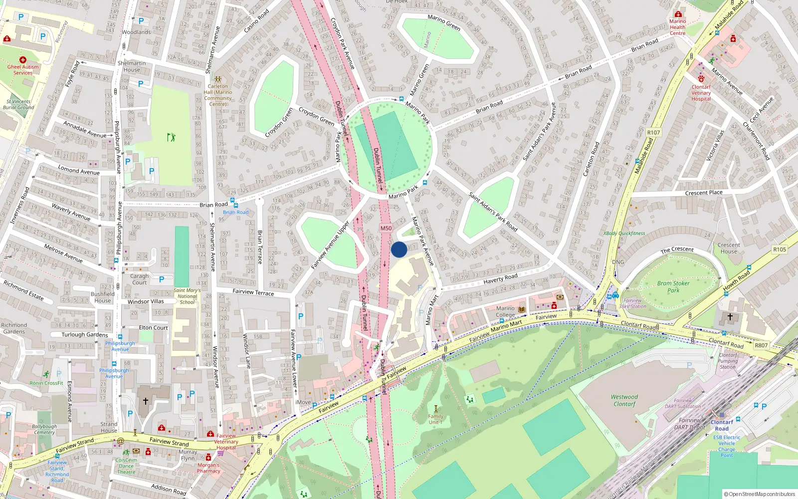 Overhead map showing the location of 7 Marino Park Avenue, Dublin 3