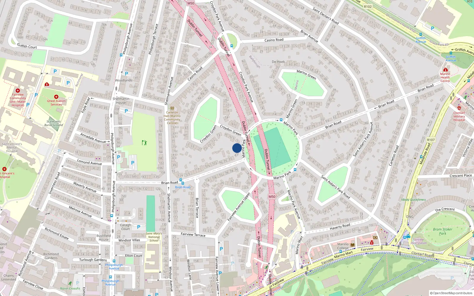 Overhead map showing the location of 7 Marino Park, Dublin 3