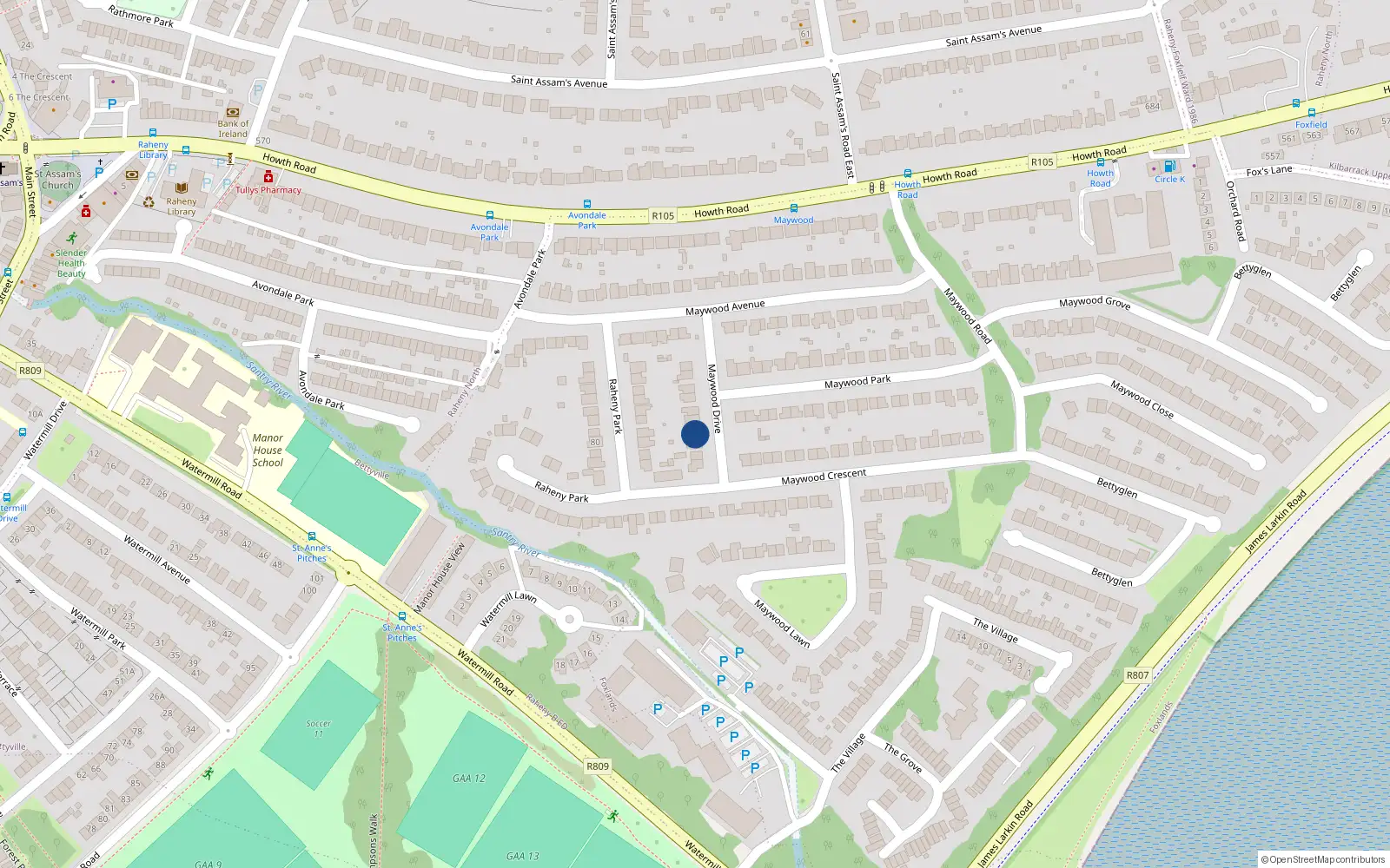 Overhead map showing the location of 7 Maywood Drive, Dublin 5