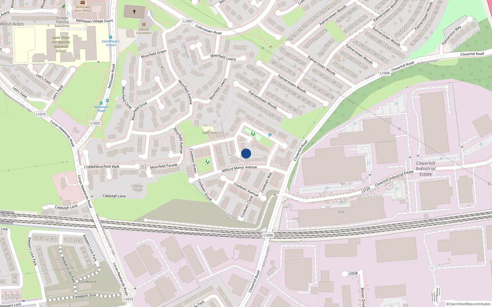 Overhead map showing the location of 7 Milford Manor Avenue, Dublin 22