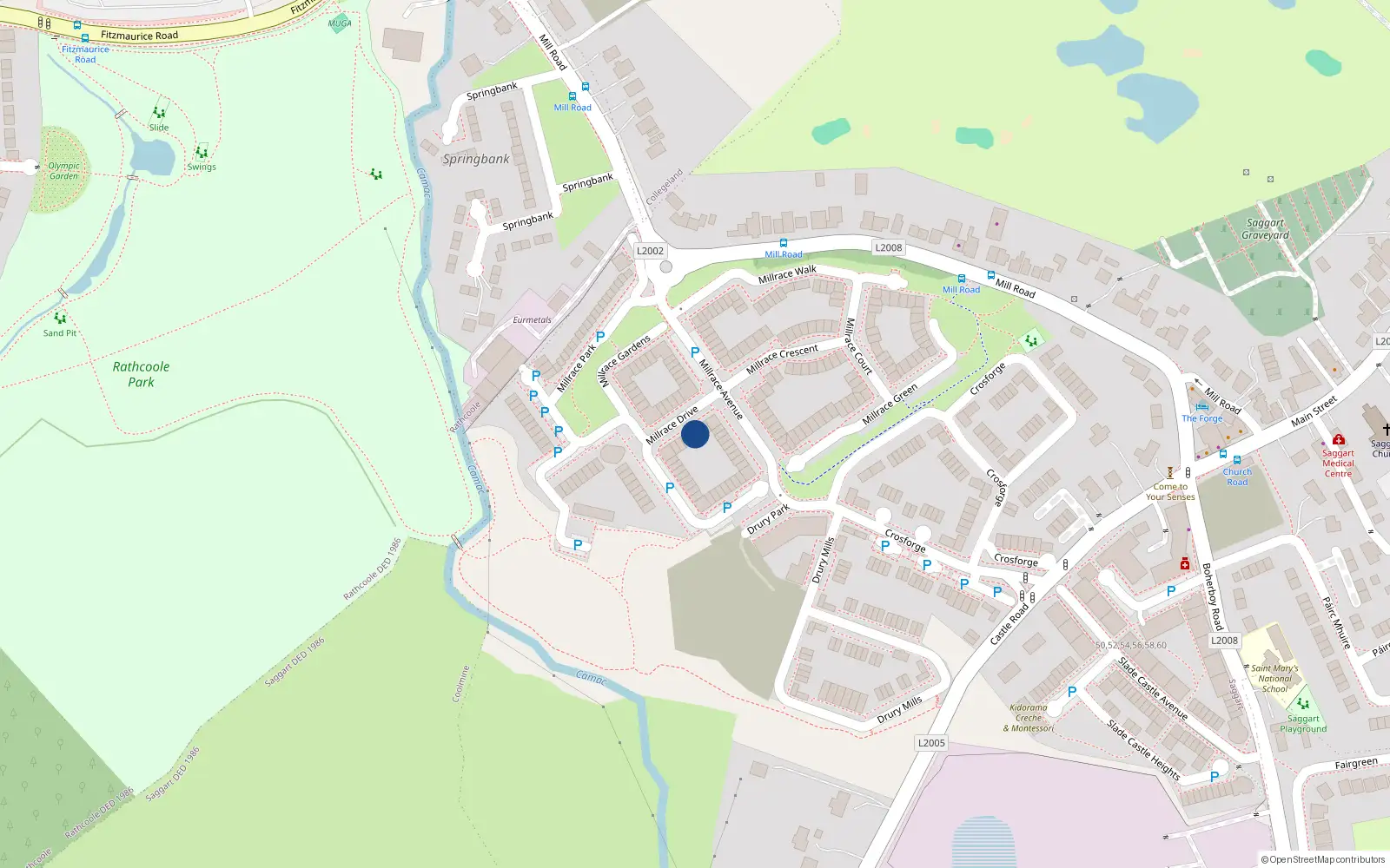 Overhead map showing the location of 7 Millrace Drive, Saggart