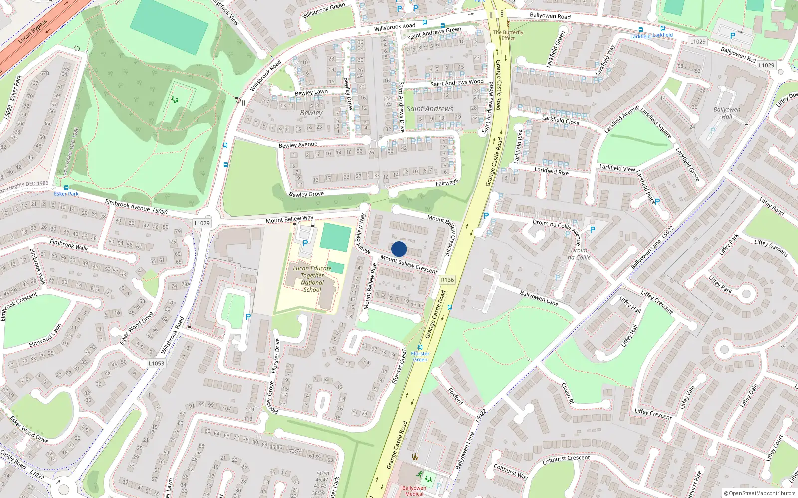 Overhead map showing the location of 7 Mount Bellew Crescent, Lucan, Dublin