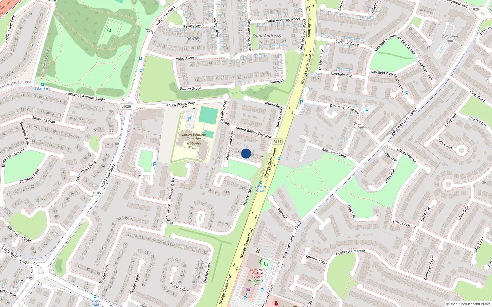 Overhead map showing the location of 7 Mount Bellew Green, Lucan, Dublin