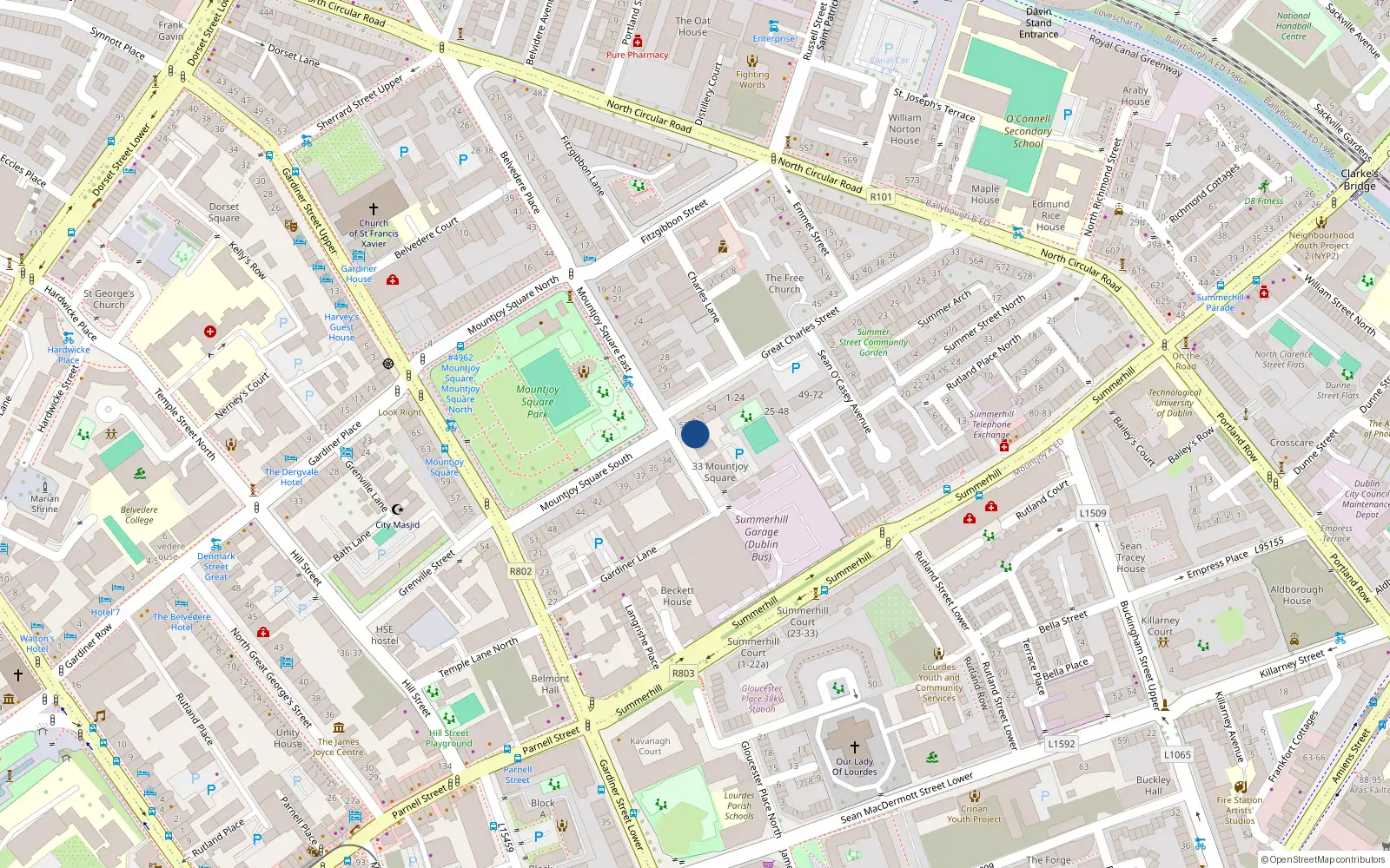 Overhead map showing the location of 7 Mountjoy Square, Dublin 1