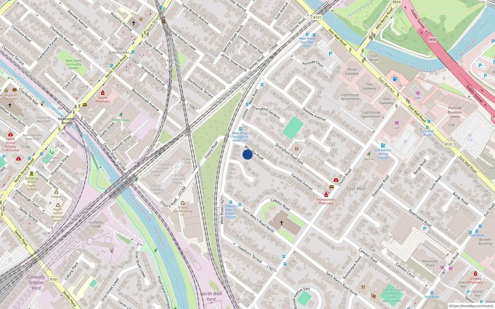 Overhead map showing the location of 7 Moy Elta Road, East Wall, Dublin 3