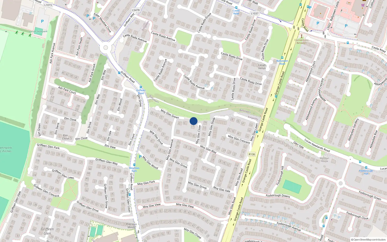 Overhead map showing the location of 7 Moy Glas Close, Lucan