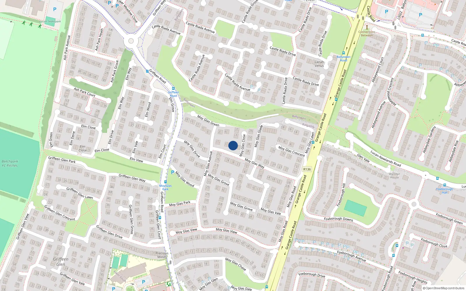 Overhead map showing the location of 7 Moy Glas Way, Lucan