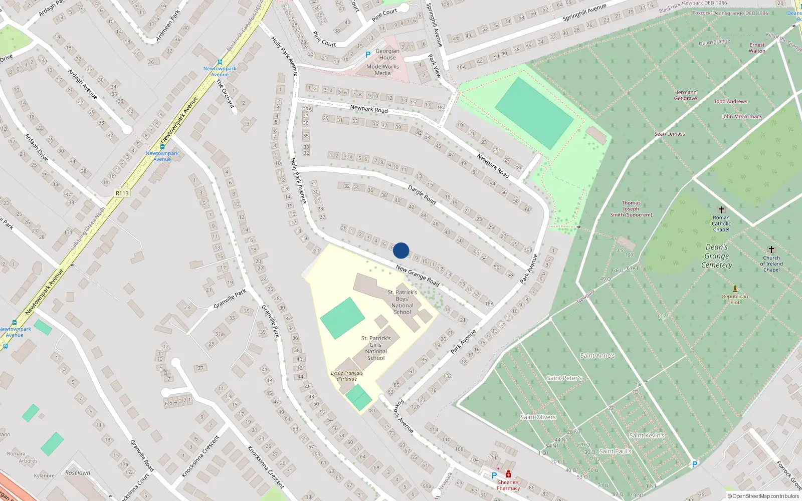 Overhead map showing the location of 7 New Grange Road, Blackrock