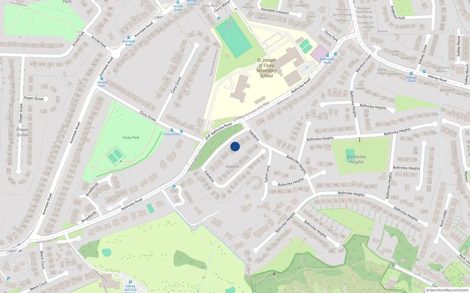 Overhead map showing the location of 7 Oakdene, Killiney