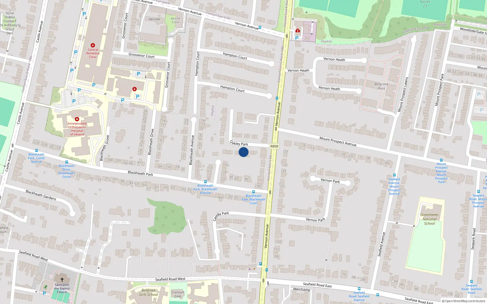 Overhead map showing the location of 7 Oakley Park, Clontarf, Dublin 3